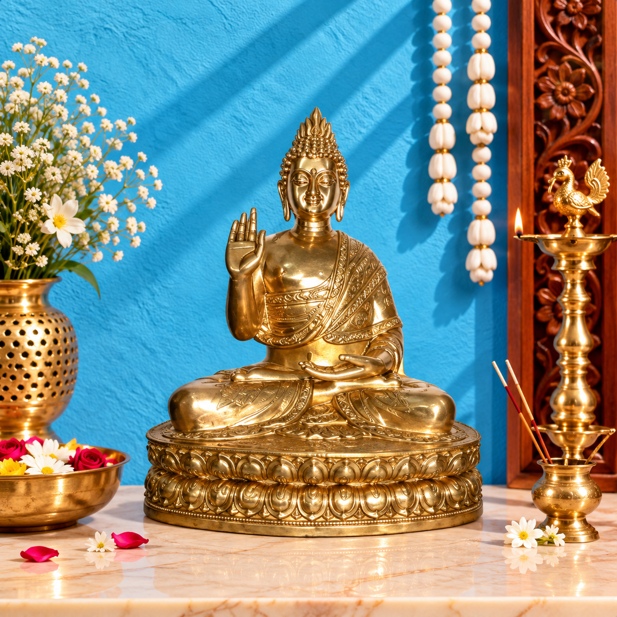 ब्रासॉरा® ग्रैंड ब्लेसिंग बुद्ध प्रतिमा | प्राकृतिक पीतल फ़िनिश | ऊँचाई 60 इंच और वज़न 183 किग्रा