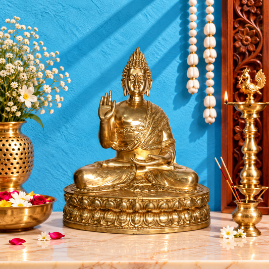 ब्रासॉरा® ग्रैंड ब्लेसिंग बुद्ध प्रतिमा | प्राकृतिक पीतल फ़िनिश | ऊँचाई 60 इंच और वज़न 183 किग्रा