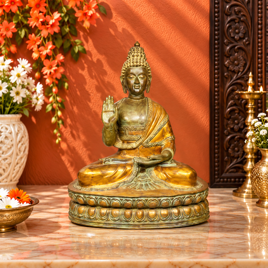 ब्रेसोरा® ग्रैंड ब्लेसिंग बुद्ध प्रतिमा | प्राकृतिक पीतल ऊंचाई 60 इंच और वज़न 183 किग्रा