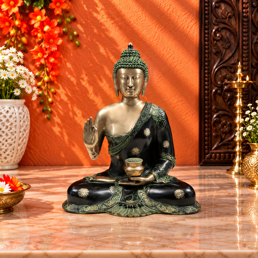 ब्रासौरावृद्धा®अभय मुद्रा में आशीर्वाद बुद्ध | दोहरे टोन वाली पीतल की प्रतिमा | ऊंचाई 23 इंच और वज़न 19.70 किलोग्राम
