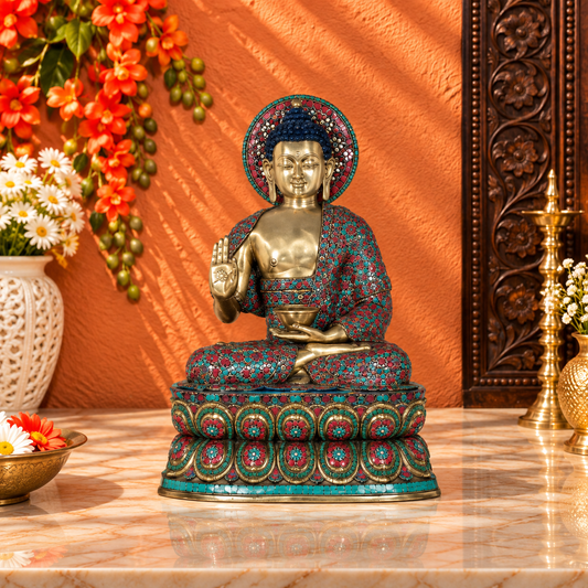 ब्रासौरिया® फूलों की पत्थर जड़ाई कार्य के साथ बैठे बुद्ध | शुद्ध पीतल | ऊंचाई 38 इंच और वज़न 66.50 किलोग्राम