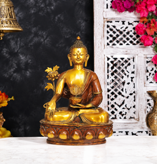 ब्रैसौरा® कमल के डंठल के साथ बैठे बुद्ध | शुद्ध पीतल | ऊँचाई 38 इंच और वज़न 46 किलोग्राम