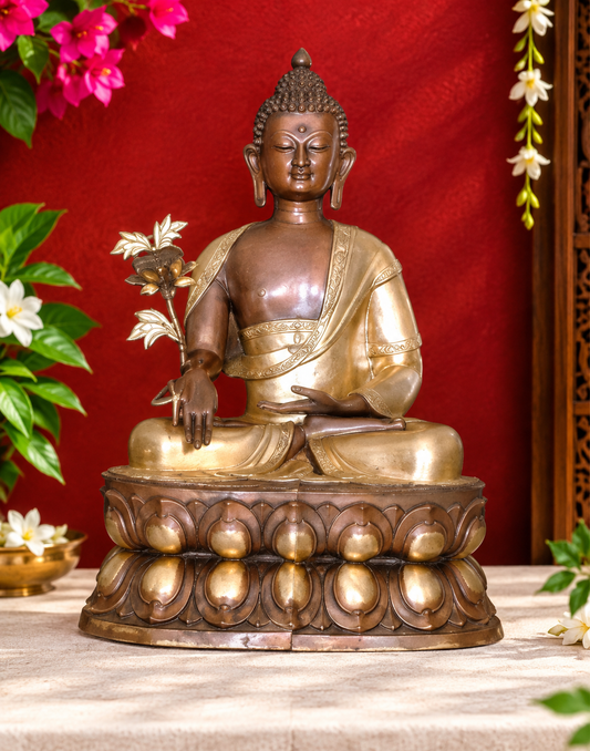 ब्रैसौरा® कमल के डंठल के साथ बैठे बुद्ध | शुद्ध पीतल | ऊँचाई 38 इंच और वज़न 46 किलोग्राम