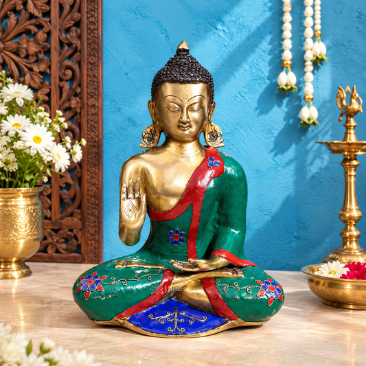 Brassaura® Blessing Buddha Statue with Medicine Bowl & Intricate Stonework | Pure Superfine Brass Handcrafted Murti | Brass Statue for Home Temple, Pooja Room | Height 20 Inches | Weight 20 Kgs