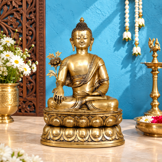 ब्रैसौरा® कमल के डंठल के साथ बैठे बुद्ध | शुद्ध पीतल | ऊँचाई 38 इंच और वज़न 46 किलोग्राम