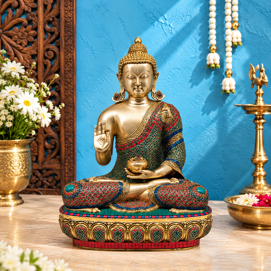 Brassaura® मल्टीकलर स्टोन इनले के साथ बैठे बुद्ध | शुद्ध पीतल | ऊंचाई 22 इंच और वज़न 25.74 किलोग्राम