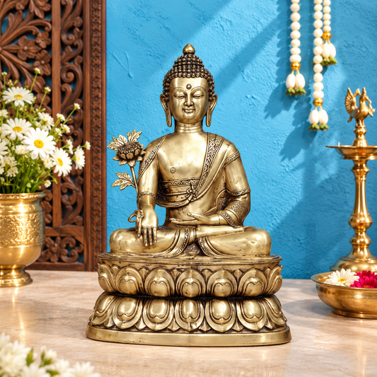 ब्रैसौरा® कमल के डंठल के साथ बैठे बुद्ध | शुद्ध पीतल | ऊँचाई 38 इंच और वज़न 46 किलोग्राम