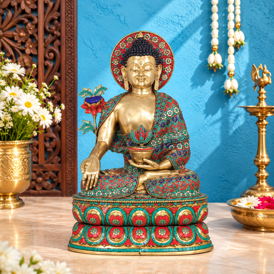 ब्रस्सौरा® हेलो और कमल के तने वाला बैठा बुद्ध | शुद्ध पीतल पत्थर की नक्काशी के साथ | ऊँचाई 38 इंच और वज़न 61 किलोग्राम
