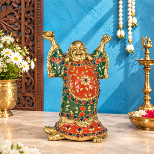 ब्रासोरा® लाफिंग बुद्धा ब्रास स्टैच्यू इनले वर्क के साथ | शुद्ध पीतल | ऊंचाई 8.5 इंच और वज़न 2.65 किलोग्राम