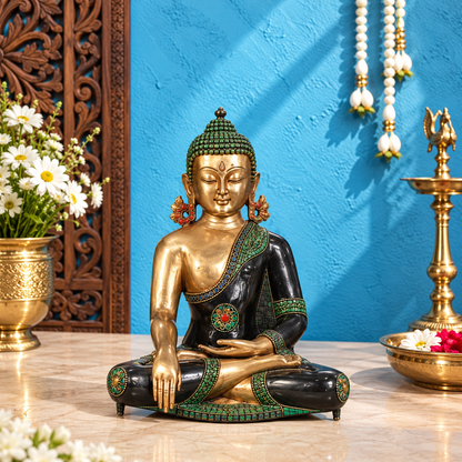 Brassaura® Lord Buddha Idol with Antique Finish | Pure Superfine Brass Handcrafted Murti | Brass Statue for Home Temple, Pooja Room | Height 13 Inches | Weight 5.8 Kgs