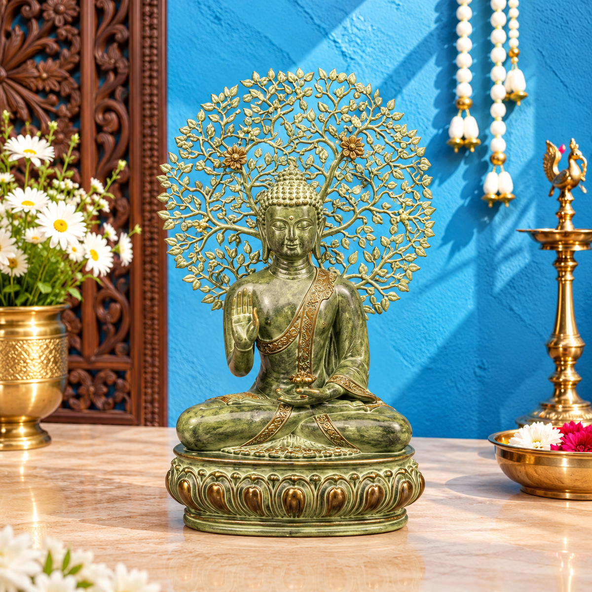 ब्रासोरा® वृंदावन वेणुगोपाल कृष्ण पीतल की प्रतिमा मोर के साथ | एंटीक नीला और सुनहरा रंग | ऊँचाई 20 इंच