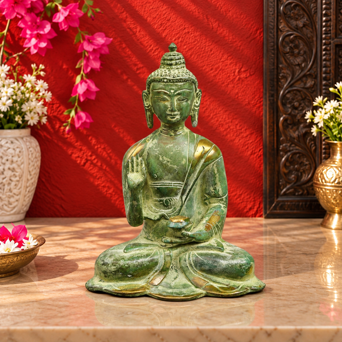 Brassaura® Buddha Statue with Medicine Bowl & Green Patina Finish | Handcrafted Buddha Murti | Buddha Statue for Home Temple, Pooja Room | Height 6 Inches | Weight 1.12 Kgs