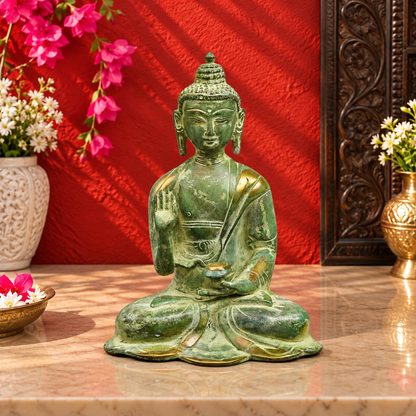 Brassaura® Buddha Statue with Medicine Bowl & Green Patina Finish | Handcrafted Buddha Murti | Buddha Statue for Home Temple, Pooja Room | Height 6 Inches | Weight 1.12 Kgs