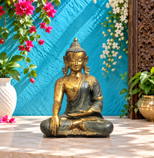 Brassaura® Meditating Buddha Brass Statue | Rustic Black & Antique Gold Finish | Height 11.5 Inches & Weight 4.75 Kgs