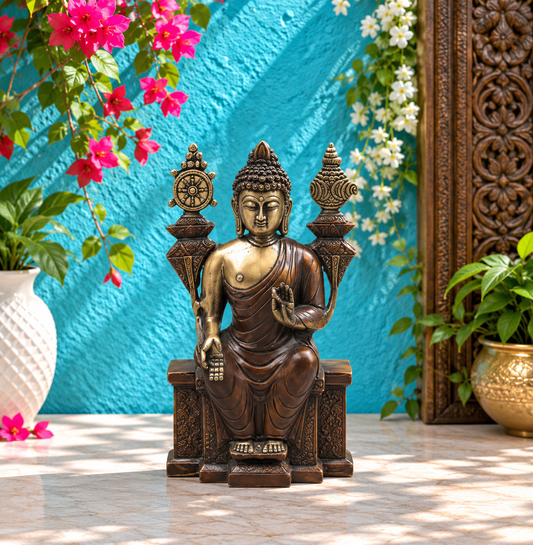 Brassaura® Seated Buddha Brass Statue on Throne | Antique Rustic Finish | Height 10 Inches & Weight 3.02 Kgs