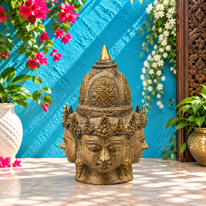 Brassaura® Brass Four-Faced Buddha Head Statue | Chaturmukha Buddha Sculpture with Intricate Traditional Detailing | Sacred Brass Décor for Home, Meditation Space & Gifting | 13 Inches | 9.82 Kg