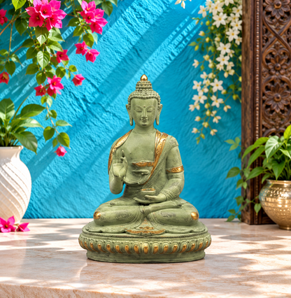 Brassaura® Brass Meditating Buddha Statue | Handcrafted Premium Brass Buddha Idol for Home Temple, Meditation Room & Luxury Décor | Antique Green & Gold Finish | 16 Inches | 7.96 Kg
