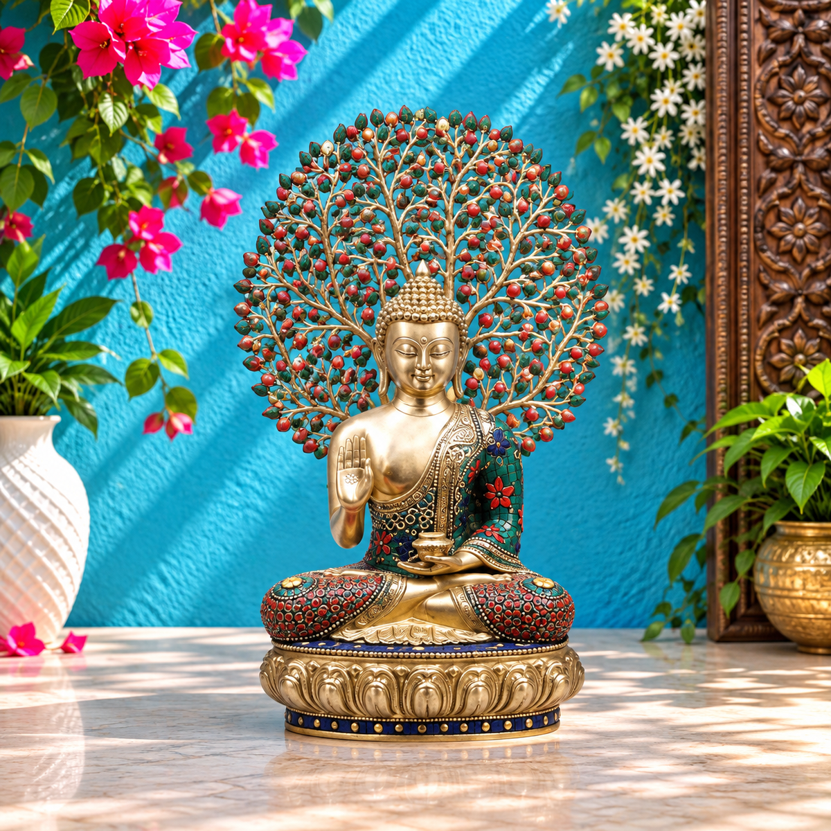 Brassaura® Buddha Meditating Idol with Multi-Color Finish | Pure Superfine Brass Handcrafted Murti | Brass Statue for Home Temple, Pooja Room | Height 20.5 Inches | Weight 12.32 Kgs