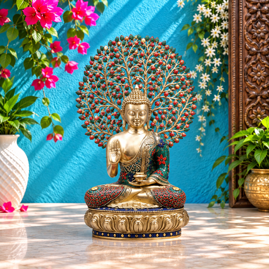 Brassaura® Buddha Meditating Idol with Multi-Color Finish | Pure Superfine Brass Handcrafted Murti | Brass Statue for Home Temple, Pooja Room | Height 20.5 Inches | Weight 12.32 Kgs