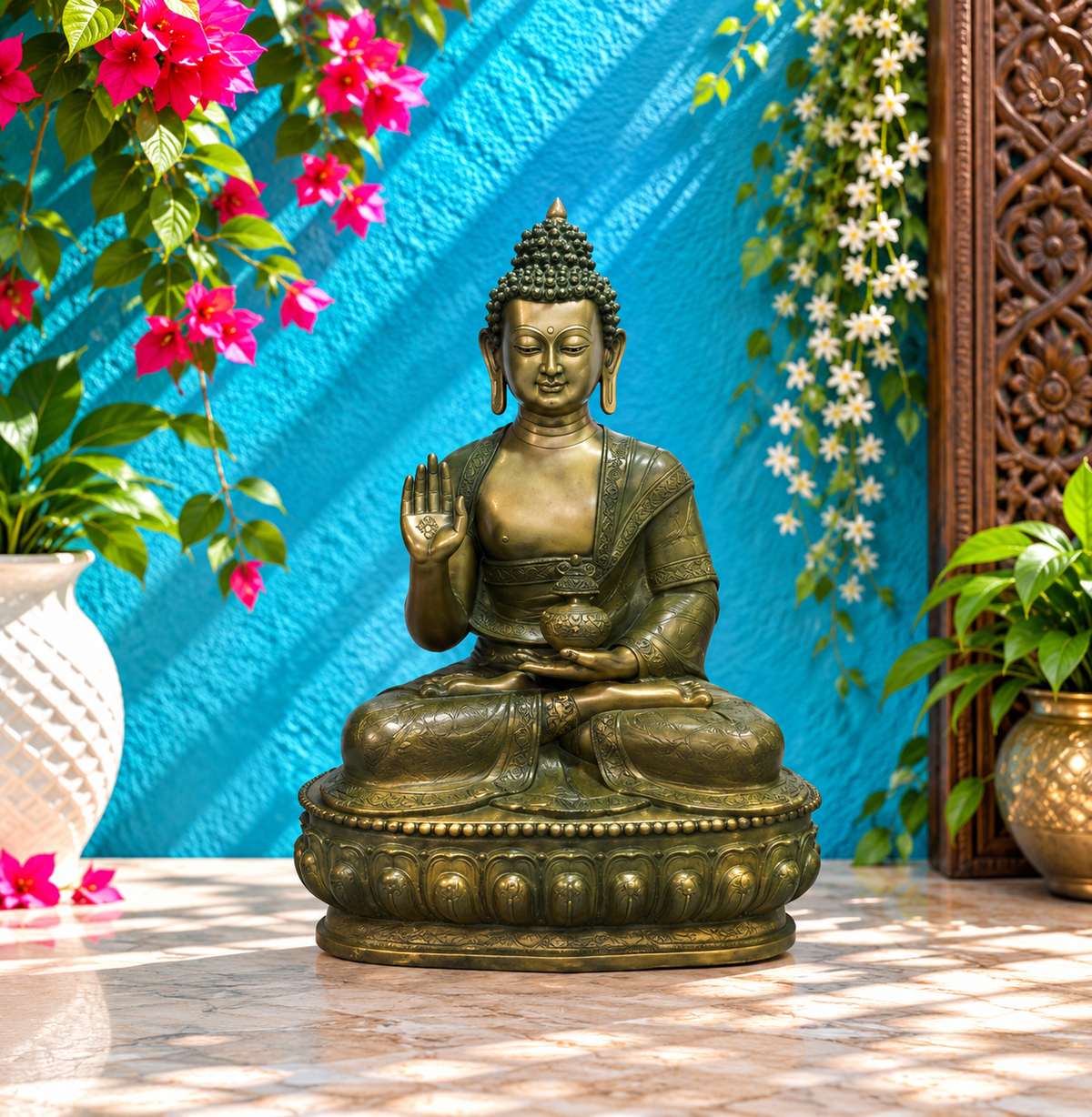 ब्रासोरा® वृंदावन वेणुगोपाल कृष्ण पीतल की प्रतिमा मोर के साथ | एंटीक नीला और सुनहरा रंग | ऊँचाई 20 इंच
