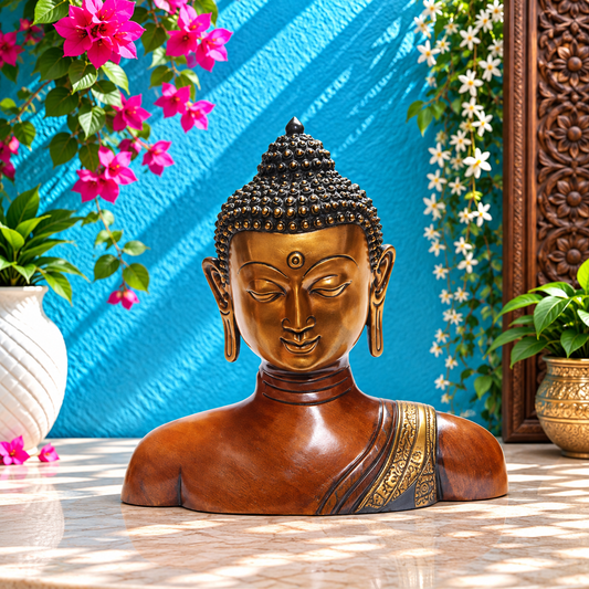 Brassaura® Buddha Bust Idol for Home & Décor | Pure Superfine Brass Handcrafted Murti, Brass Statue for Home Temple, Pooja Room | Height 14 Inches | Weight 10 Kg