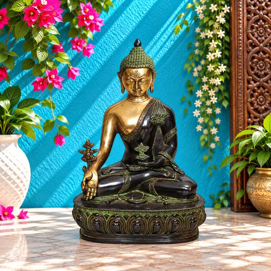 Brassaura® Artistic Buddha Idol for Home & Décor | Pure Superfine Brass Handcrafted Murti, Brass Statue for Home Temple, Pooja Room | Height 13 Inches | Weight 6 Kg