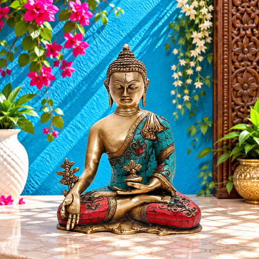 Brassaura® Gem Stone Work Buddha Idol for Home & Décor | Pure Superfine Brass Handcrafted Murti, Brass Statue for Home Temple, Pooja Room | Height 11 Inches | Weight 4.5 Kg
