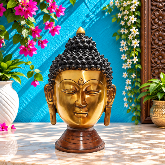 Brassaura® Buddha Head Idol for Home & Décor | Pure Superfine Brass Handcrafted Murti, Brass Statue for Home Temple, Pooja Room | Height 16 Inches | Weight 10 Kg