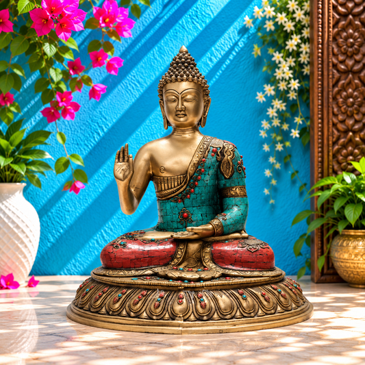 Brassaura® Gem Stone Work Buddha Idol for Home & Décor | Pure Superfine Brass Handcrafted Murti, Brass Statue for Home Temple, Pooja Room | Height 20 Inches | Weight 15 Kg