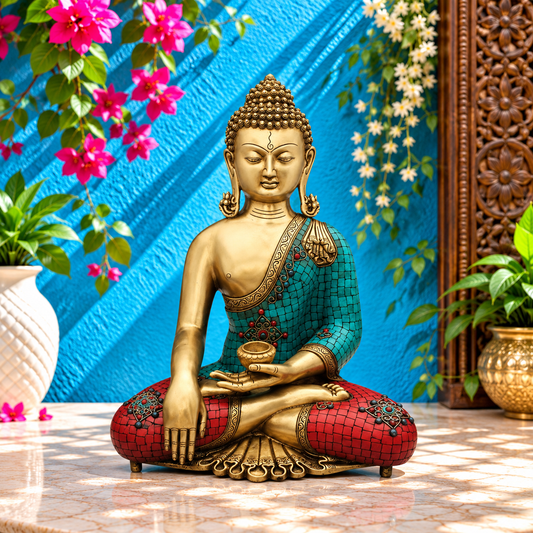 Brassaura® Gem Stone Work Buddha Idol for Home & Décor | Pure Superfine Brass Handcrafted Murti, Brass Statue for Home Temple, Pooja Room | Height 20 Inches | Weight 17.3 Kg