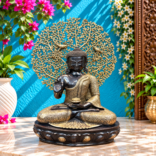 Brassaura® Brass Buddha with Tree of Life for Home & Décor | Pure Superfine Brass Handcrafted Murti, Brass Statue for Home Temple, Pooja Room | Height 29 Inches | Weight 32 Kg