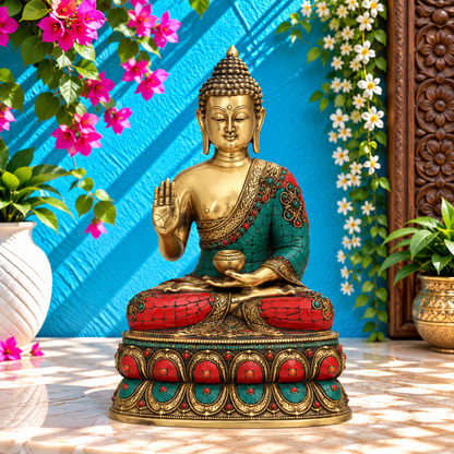 Brassaura® Gem Stone Work Buddha Idol for Home & Décor | Pure Superfine Brass Handcrafted Murti, Brass Statue for Home Temple, Pooja Room | Height 38.5 Inches | Weight 58 Kg