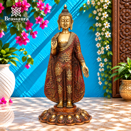 Brassaura® Standing Buddha Idol for Home & Décor | Pure Superfine Brass Handcrafted Murti, Brass Statue for Home Temple, Pooja Room | Height 11 Inches | Weight 2.2 Kg
