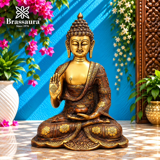 Brassaura® Vintage Buddha Idol for Home & Décor | Pure Superfine Brass Handcrafted Murti, Brass Statue for Home Temple, Pooja Room | Height 10 Inches | Weight 3.6 Kg
