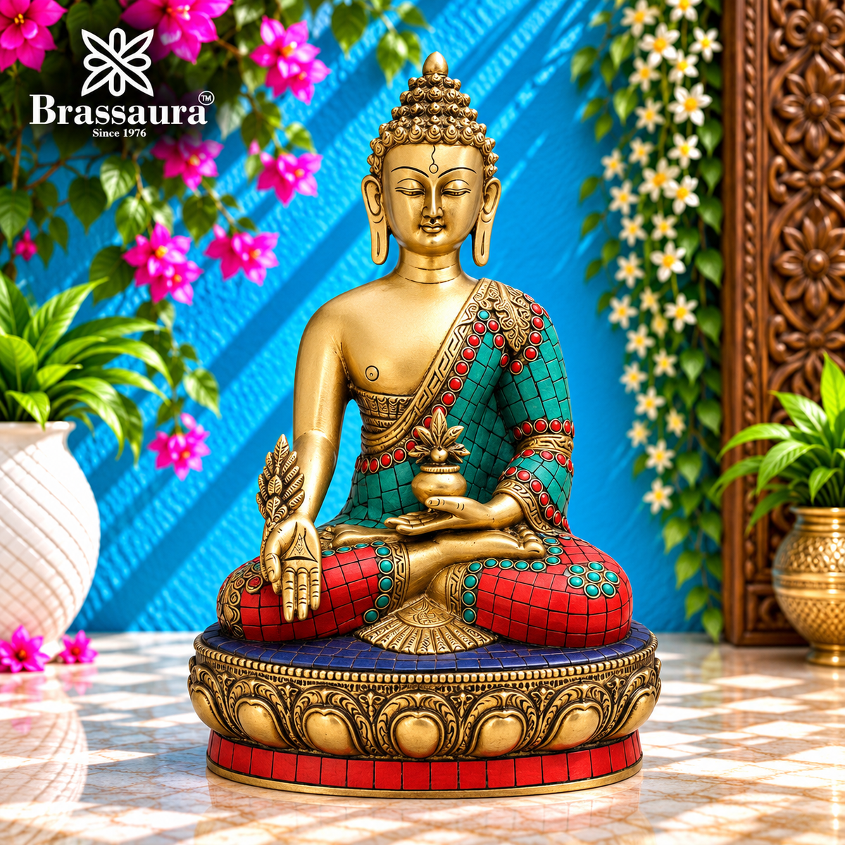 Brassaura® Vintage Buddha Idol for Home & Décor | Pure Superfine Brass Handcrafted Murti, Brass Statue for Home Temple, Pooja Room | Height 12 Inches | Weight 4.1 Kg