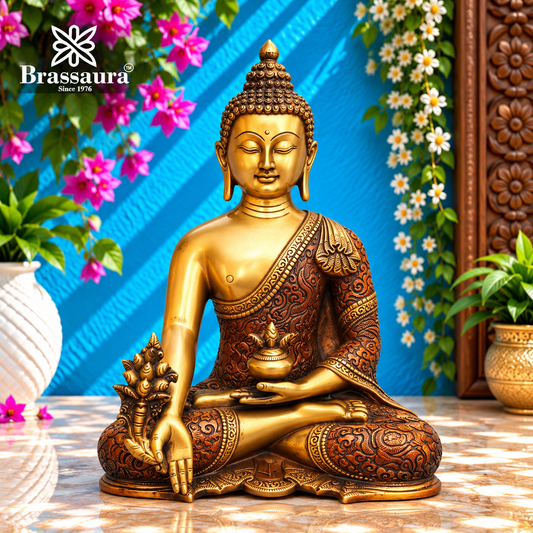 Brassaura® Vintage Buddha Idol for Home & Décor | Pure Superfine Brass Handcrafted Murti, Brass Statue for Home Temple, Pooja Room | Height 10 Inches | Weight 3.9 Kg