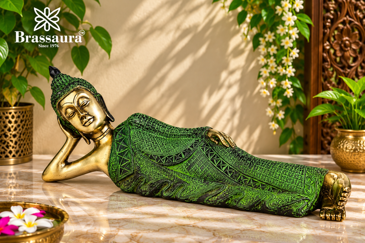 Brassaura® Vintage Relaxing Buddha Idol for Home & Décor | Pure Superfine Brass Handcrafted Murti, Brass Statue for Home Temple, Pooja Room | Height 7 Inches | Weight 4.5 Kg
