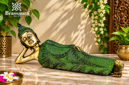 Brassaura® Vintage Relaxing Buddha Idol for Home & Décor | Pure Superfine Brass Handcrafted Murti, Brass Statue for Home Temple, Pooja Room | Height 7 Inches | Weight 4.5 Kg