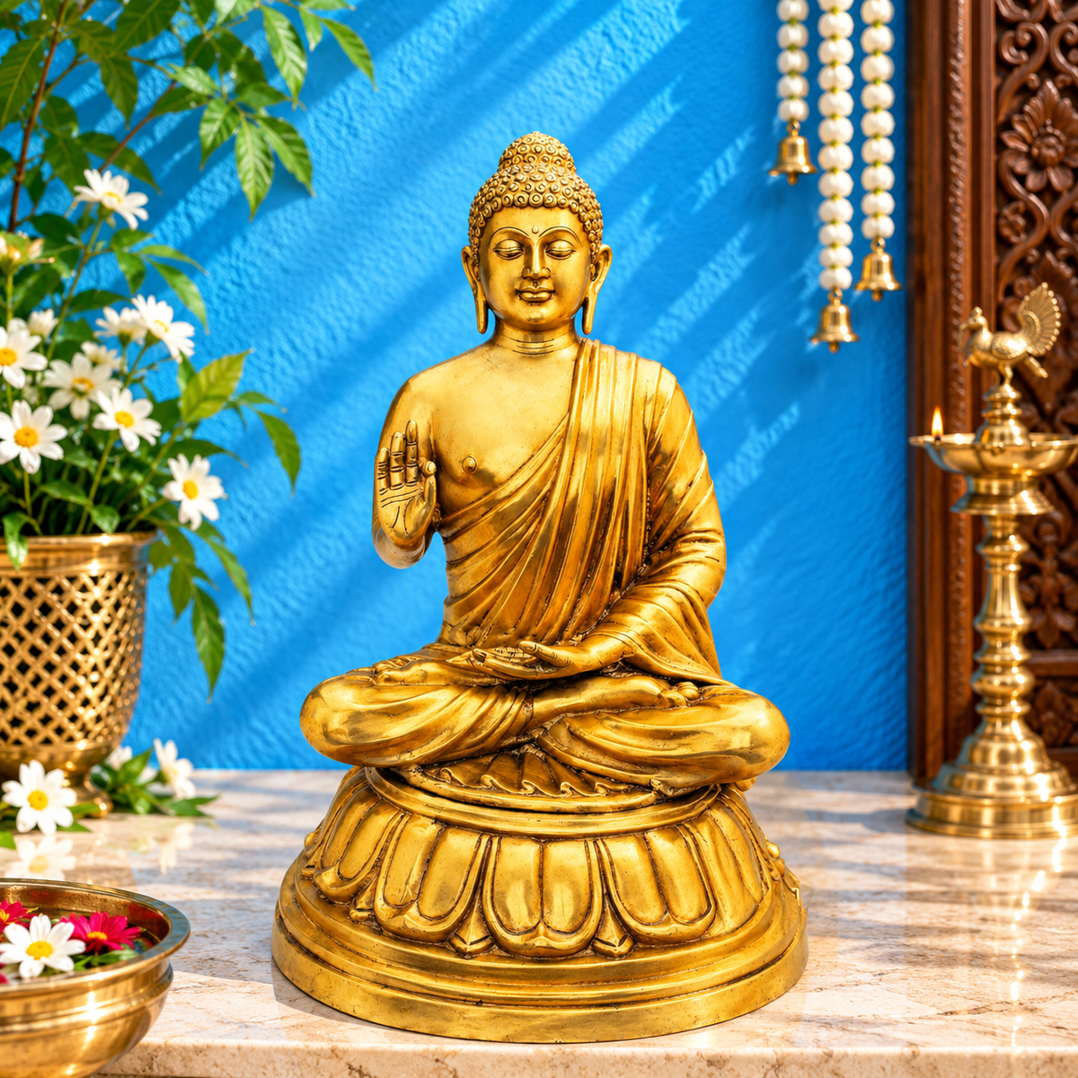 पीतल की विंटेज बुद्ध प्रतिमा, वज़न 15.6 किलोग्राम और ऊंचाई 22 इंच