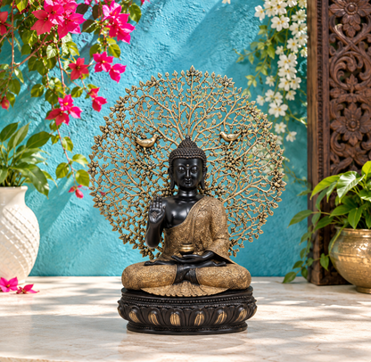 Brassaura® Buddha Under Bodhi Tree Sculpture | Black & Gold Finish Brass Art | Height 29 Inches & Weight 30 Kgs