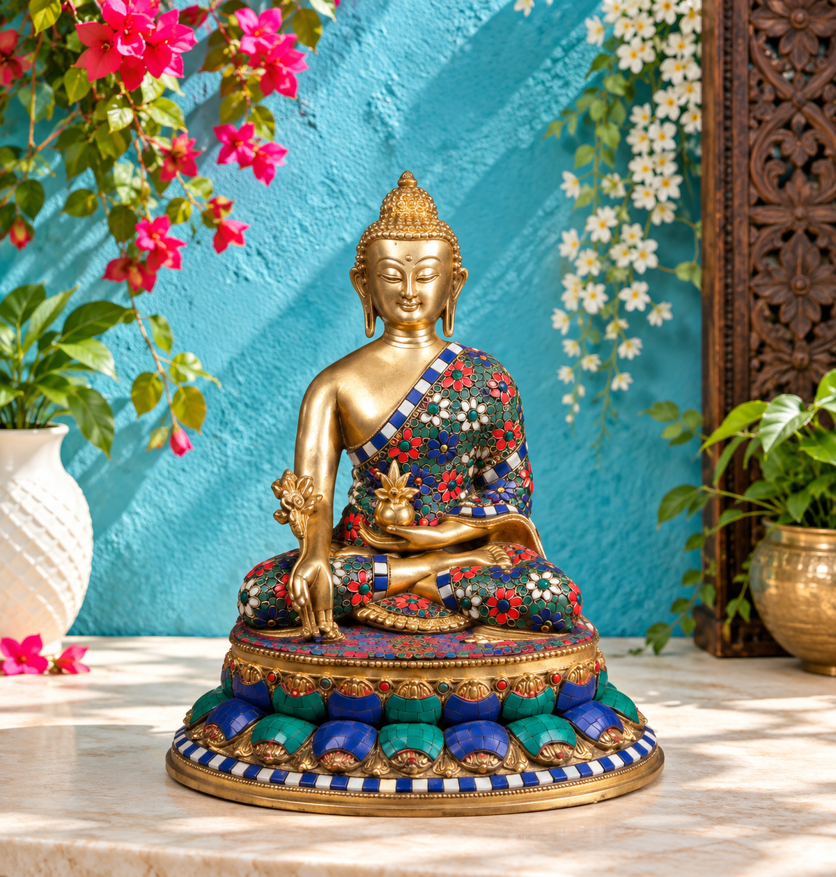 Brassaura® Meditating Buddha with Stonework | Handcrafted Brass Idol | Height 13 Inches & Weight 6.75 Kgs