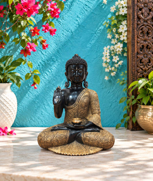 Brassaura® Buddha in Aashirwad Mudra | Black & Golden Finish Brass Statue | Height 17 Inches & Weight 18 Kgs