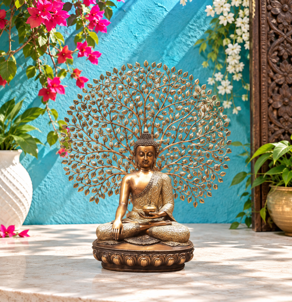 Brassaura® Buddha Under Bodhi Tree | Intricately Handcrafted Brass Sculpture | Height 45 Inches & Weight 48 Kgs