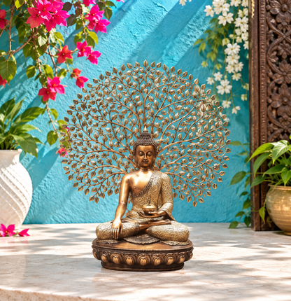 Brassaura® Buddha Under Bodhi Tree | Intricately Handcrafted Brass Sculpture | Height 45 Inches & Weight 48 Kgs