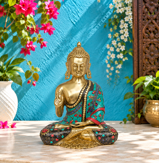 Brassaura® Meditating Buddha Brass Statue with Stonework | Height 12.6 Inches & Weight 5.34 Kgs