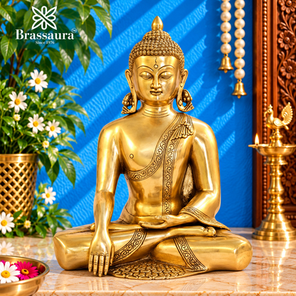 Brassaura® Brass Vintage Royal Golden Buddha Idol in Seated Meditation Pose – Pure Superfine Brass Handcrafted Murti, Brass Statue for Home Temple, Pooja Room – 13 Inch, 6 Kg