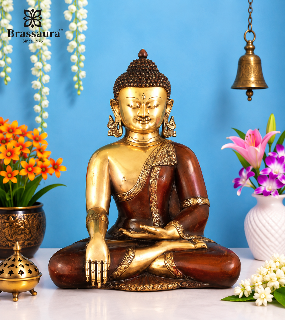पीतल की भूमिस्पर्श बुद्ध प्रतिमा का वज़न 19.25 किग्रा और ऊँचाई 27.4 इंच है