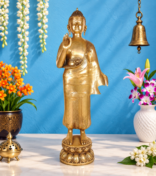 Brassaura® Standing Buddha Idol for Home & Décor | Pure Superfine Brass Handcrafted Murti, Brass Statue for Home Temple, Pooja Room | Height 51 Inches | Weight 31 Kg