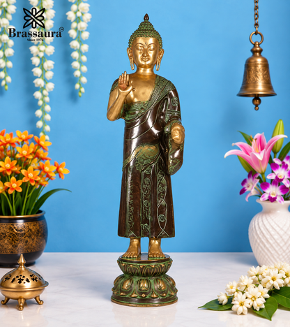 Brassaura® Standing Buddha Idol for Home & Décor | Pure Superfine Brass Handcrafted Murti, Brass Statue for Home Temple, Pooja Room | Height 33 Inches | Weight 13 Kg