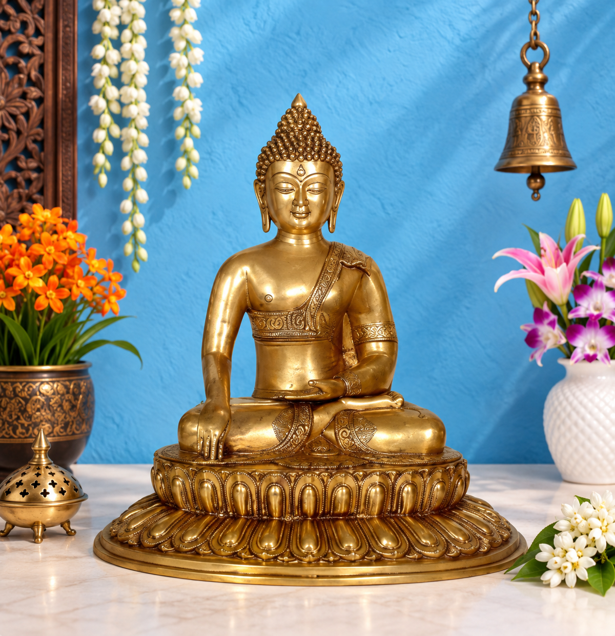 Brassaura® Classic Buddha Idol for Home & Décor | Pure Superfine Brass Handcrafted Murti, Brass Statue for Home Temple, Pooja Room | Height 22.5 Inches | Weight 18 Kg